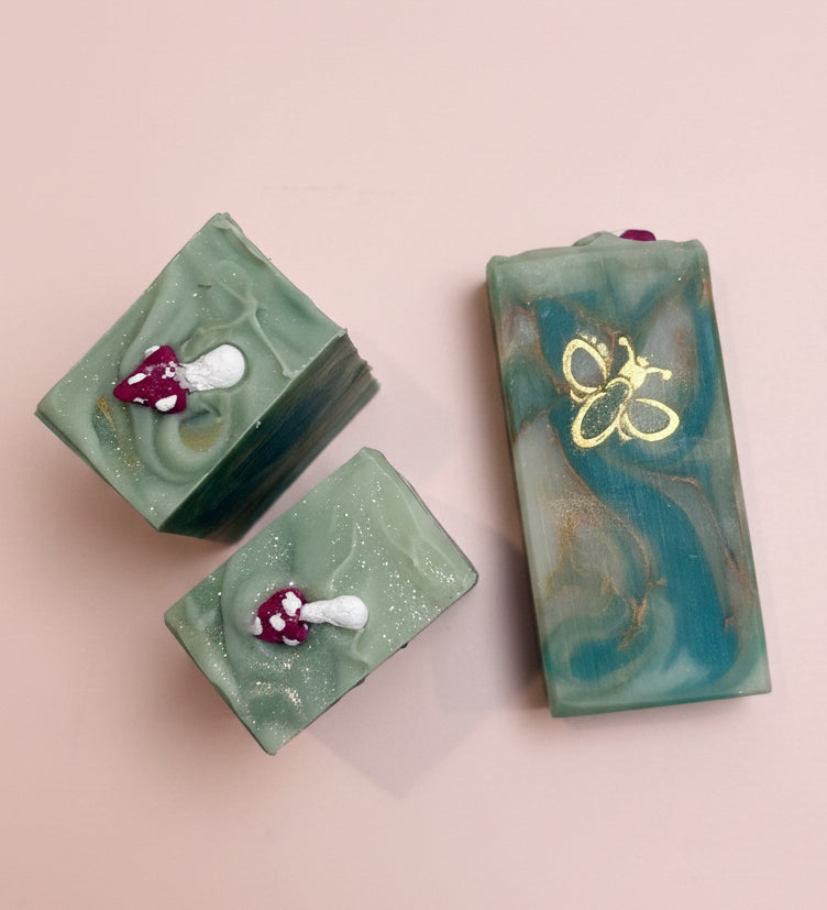 Bar soaps with tiny soap Amanita mushrooms 