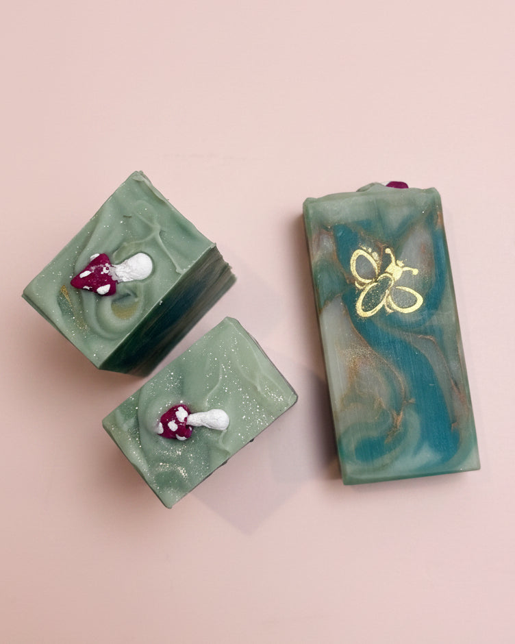 Bar soaps with tiny soap Amanita mushrooms 