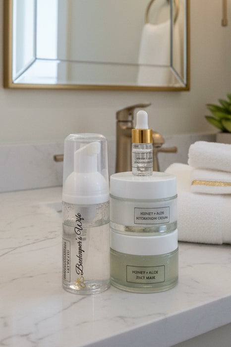 A skincare set featuring a clear bottle with a white pump dispenser, a stack of two frosted jars labeled 'HONEY + ALOE HYDRATION CREAM' and 'HONEY + ALOE JELLY MASK', and a small dropper bottle with a gold collar, all on a white surface with a decorative gray background.