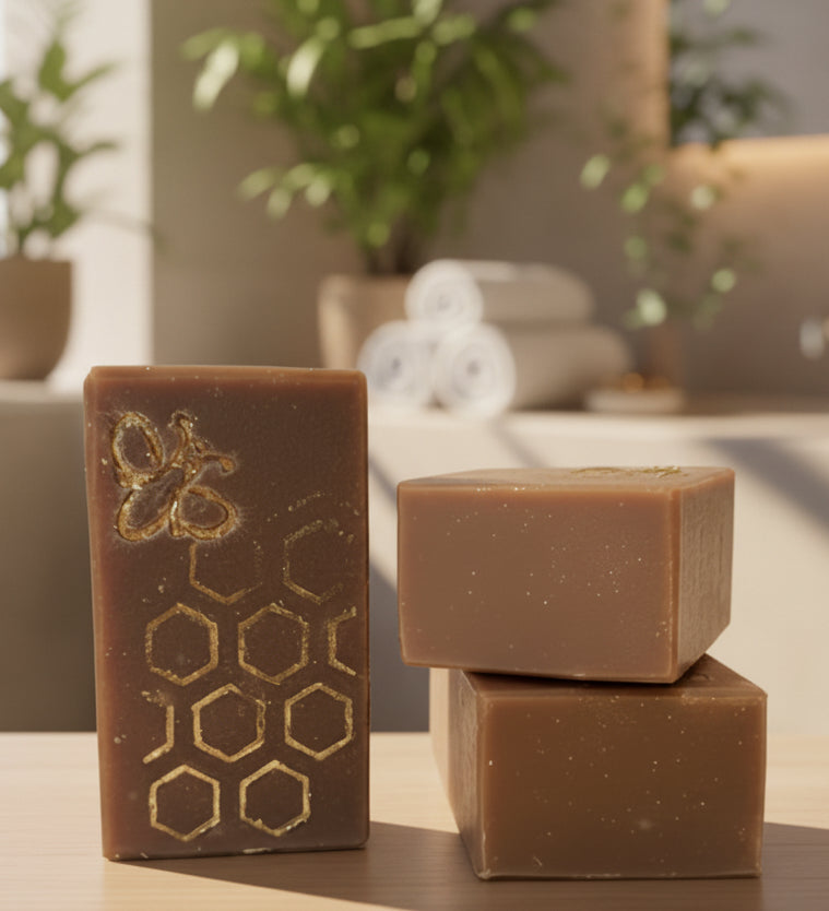Three bars of soap with a honeycomb design on a kitchen counter.