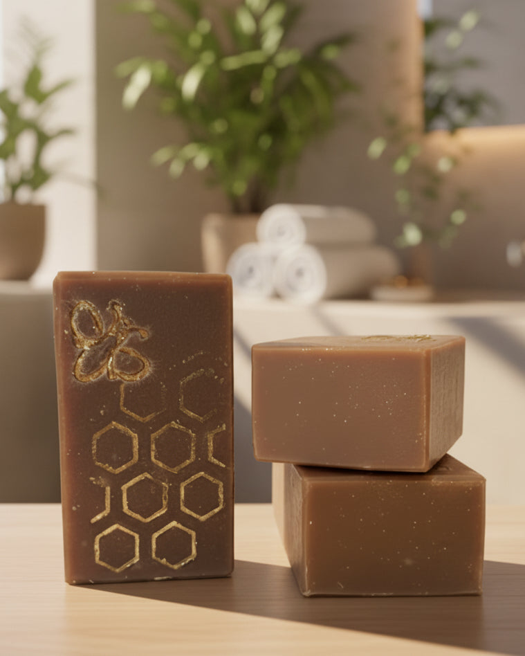 Three bars of soap with a honeycomb design on a kitchen counter.