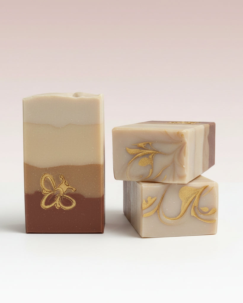 Luxury soap with gold accents on a white surface