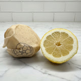 Lemon with half-cut wrapped with a Beeusable Tipsy Bee wrap on a marble surface with tiled wall background
