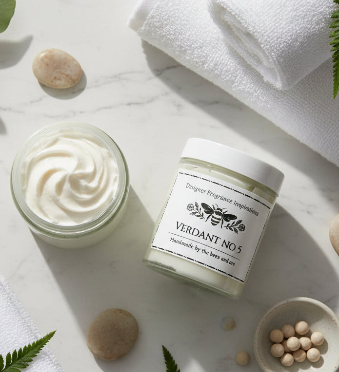 Two jars of light golden whipped body butter, one open, showing the contents 