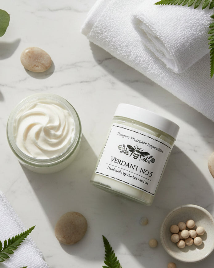 Two jars of light golden whipped body butter, one open, showing the contents 