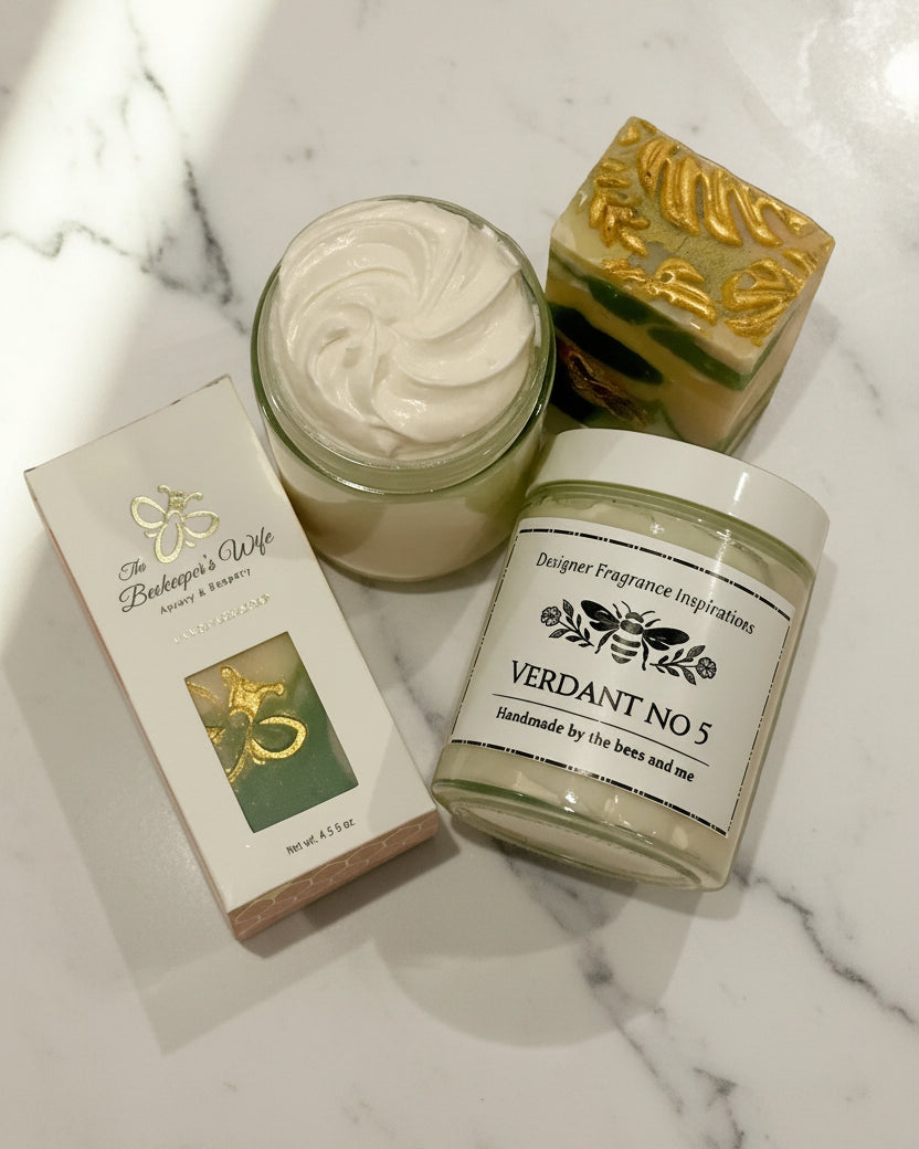 Jars of whipped body butter and soap with packaging 
