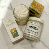 Jars of whipped body butter and soap with packaging 