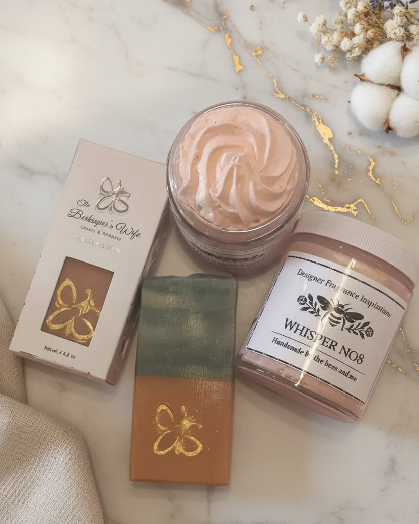 Two containers of body whip with a matching soap and beautiful packaging.