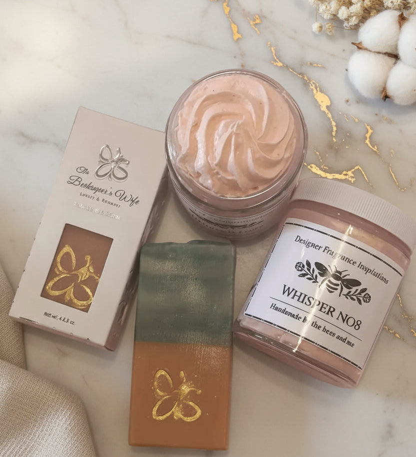Two containers of body whip with a matching soap and beautiful packaging.