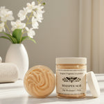 Jar of 'Whisper No8' with a swatch of product on a surface.