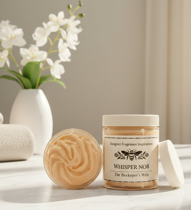 Jar of 'Whisper No8' with a swatch of product on a surface.