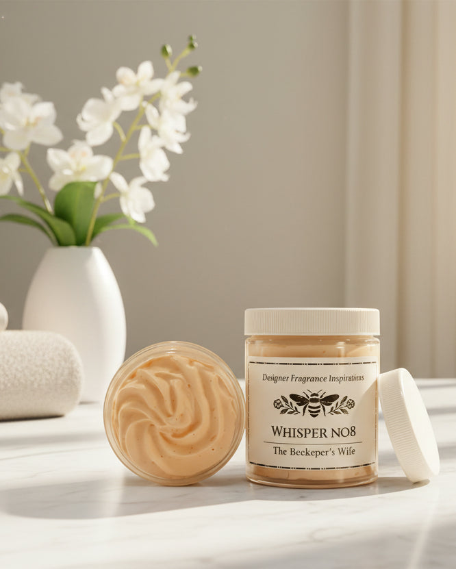 Jar of 'Whisper No8' with a swatch of product on a surface.