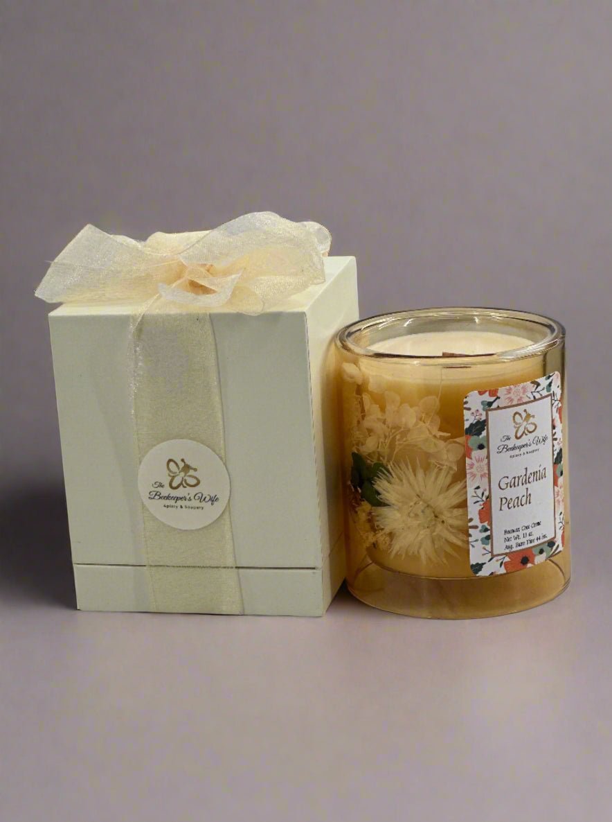 Gardenia Peach Blown Glass Wood Wick Candle - Beekeepers.Wife
