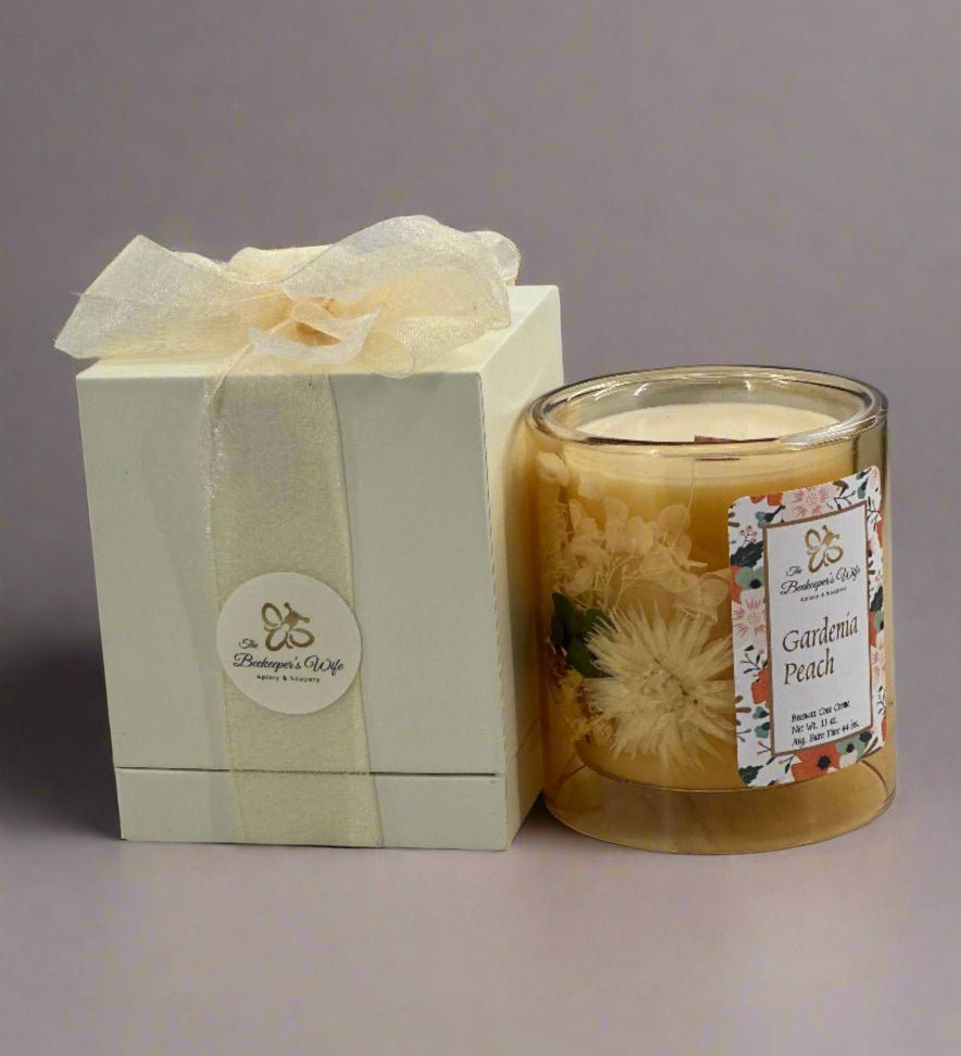Gardenia Peach Blown Glass Wood Wick Candle - Beekeepers.Wife