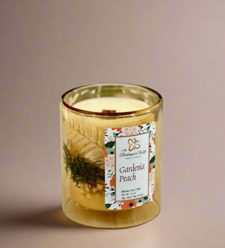 Gardenia Peach Blown Glass Wood Wick Candle - Beekeepers.Wife