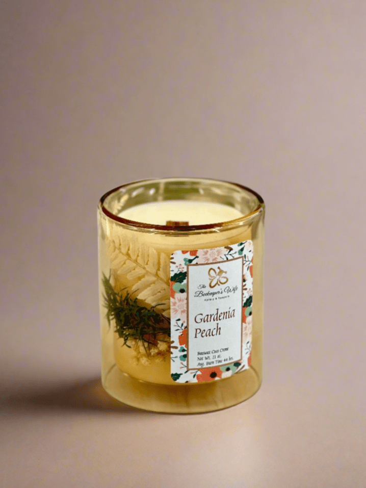 Gardenia Peach Blown Glass Wood Wick Candle - Beekeepers.Wife